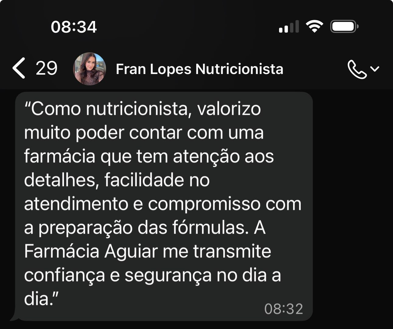 Depoimento de Fran Lopes - Nutricionista enviado por WhatsApp